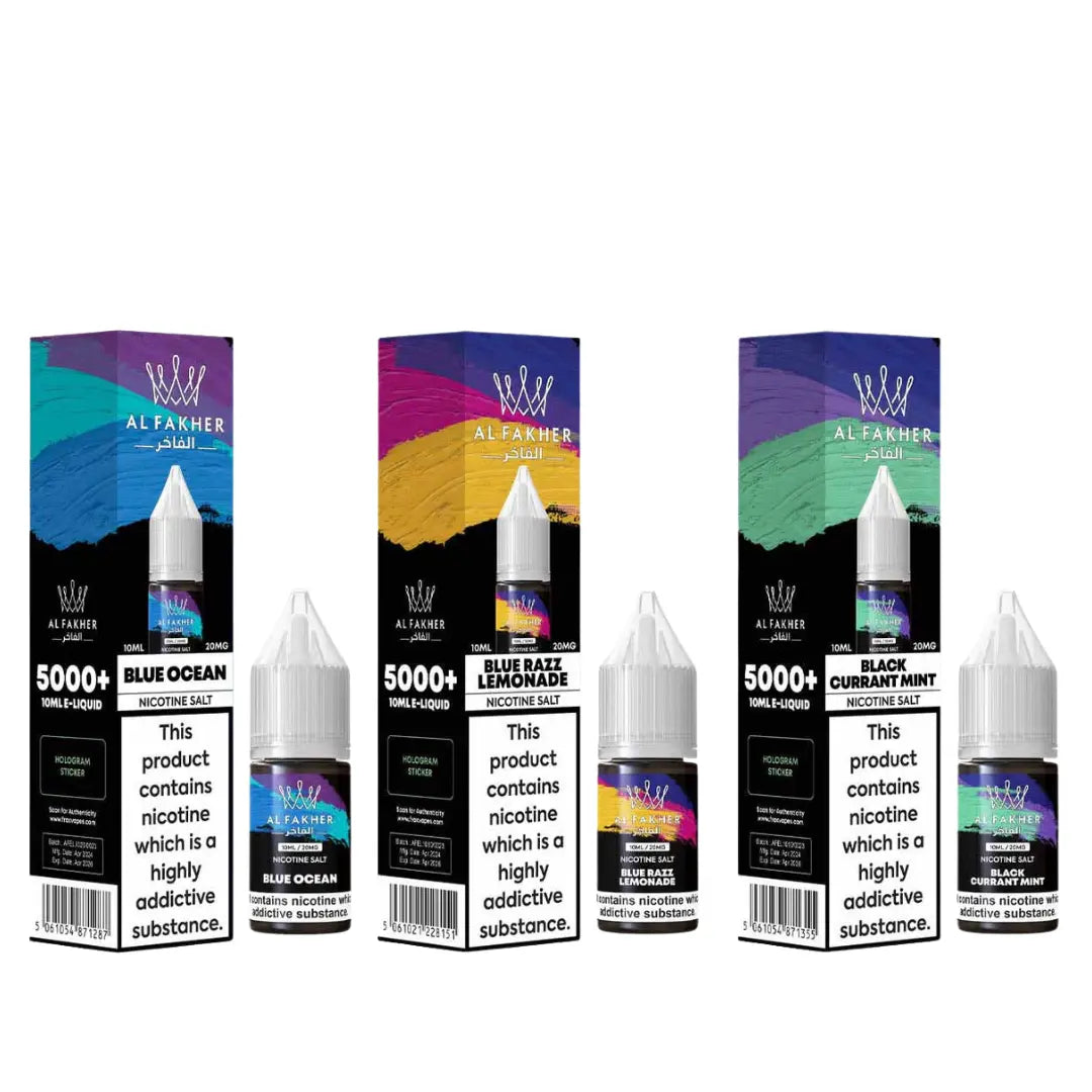 Al Fakher 10ml Nicotine Salt e-liquids. Each box and bottle has a unique colour gradient to represent the flavours: Blue Ocean, Blue Razz Lemonade, and Black Currant Mint. Each bottle is labelled with "5000+ Puffs" and contains a nicotine warning, highlighting the product's strength (20MG) and that nicotine is highly addictive. The sleek and vibrant packaging emphasizes flavour variety and premium branding.