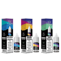 Al Fakher 10ml Nicotine Salt e-liquids. Each box and bottle has a unique colour gradient to represent the flavours: Blue Ocean, Blue Razz Lemonade, and Black Currant Mint. Each bottle is labelled with "5000+ Puffs" and contains a nicotine warning, highlighting the product's strength (20MG) and that nicotine is highly addictive. The sleek and vibrant packaging emphasizes flavour variety and premium branding.