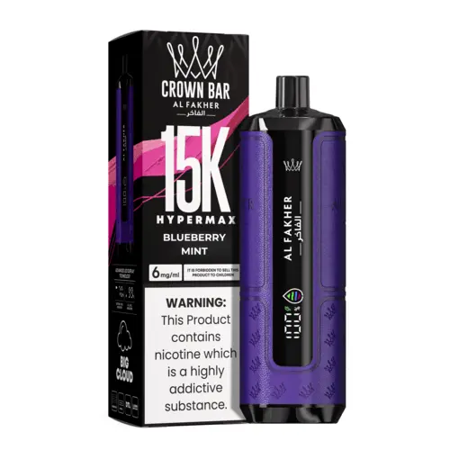 Al Fakher Crown Bar 15K Hypermax Blueberry Mint disposable vape kit with packaging.