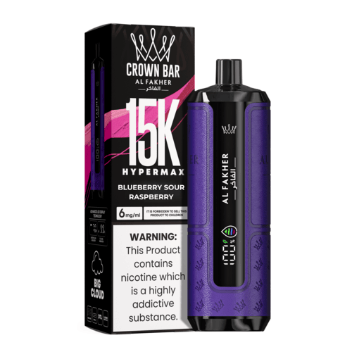 Al Fakher Crown Bar 15K Hypermax Disposable Vape Kit in Blueberry Sour Raspberry flavour, with packaging.