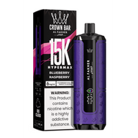 Al Fakher Crown Bar 15K Hypermax Disposable Vape Kit in Blueberry Raspberry flavour, with packaging.