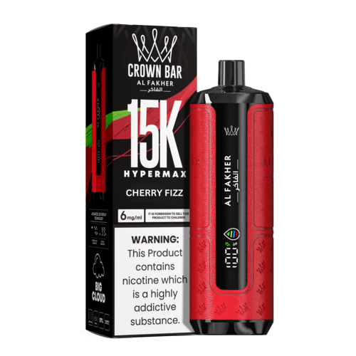 Al Fakher Crown Bar 15K Hypermax Disposable Vape Kit in Cherry Fizz flavour, with packaging.