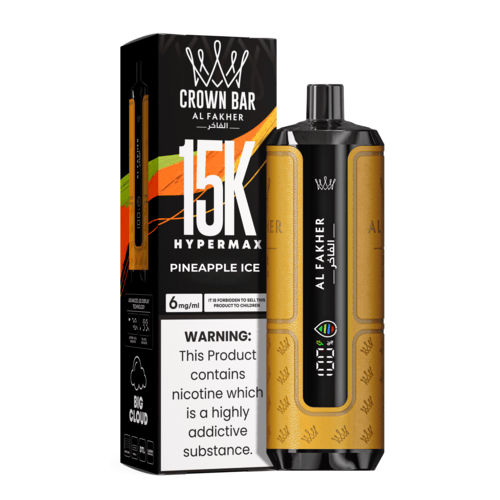 Al Fakher Crown Bar 15K Hypermax Disposable Vape Kit in Pineapple Ice flavour, with packaging.