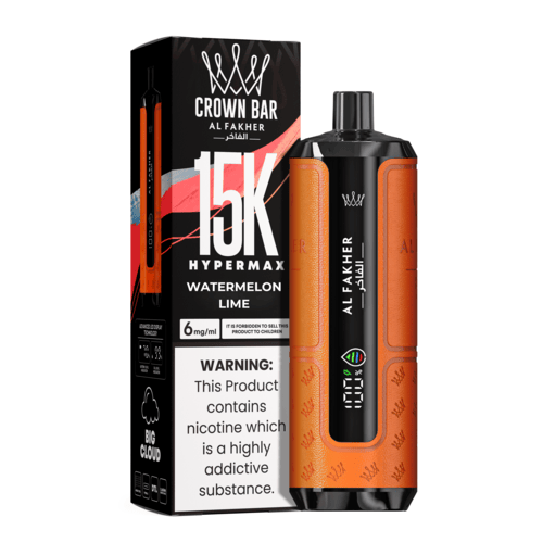 Al Fakher Crown Bar 15K Hypermax Disposable Vape Kit in Watermelon Lime flavour, with packaging.