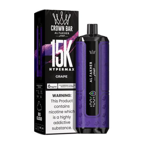 Al Fakher Crown Bar 15K Hypermax Grape disposable vape kit with packaging.