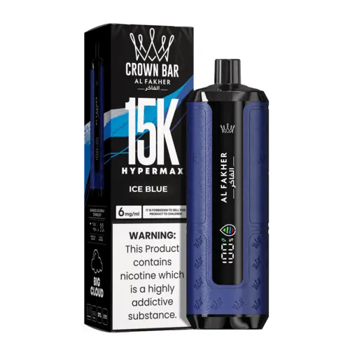 Al Fakher Crown Bar 15K Hypermax Blue Ice disposable vape kit with packaging.