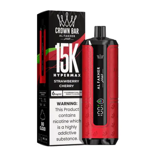 Al Fakher Crown Bar 15K Hypermax Strawberry Cherry disposable vape kit with packaging.