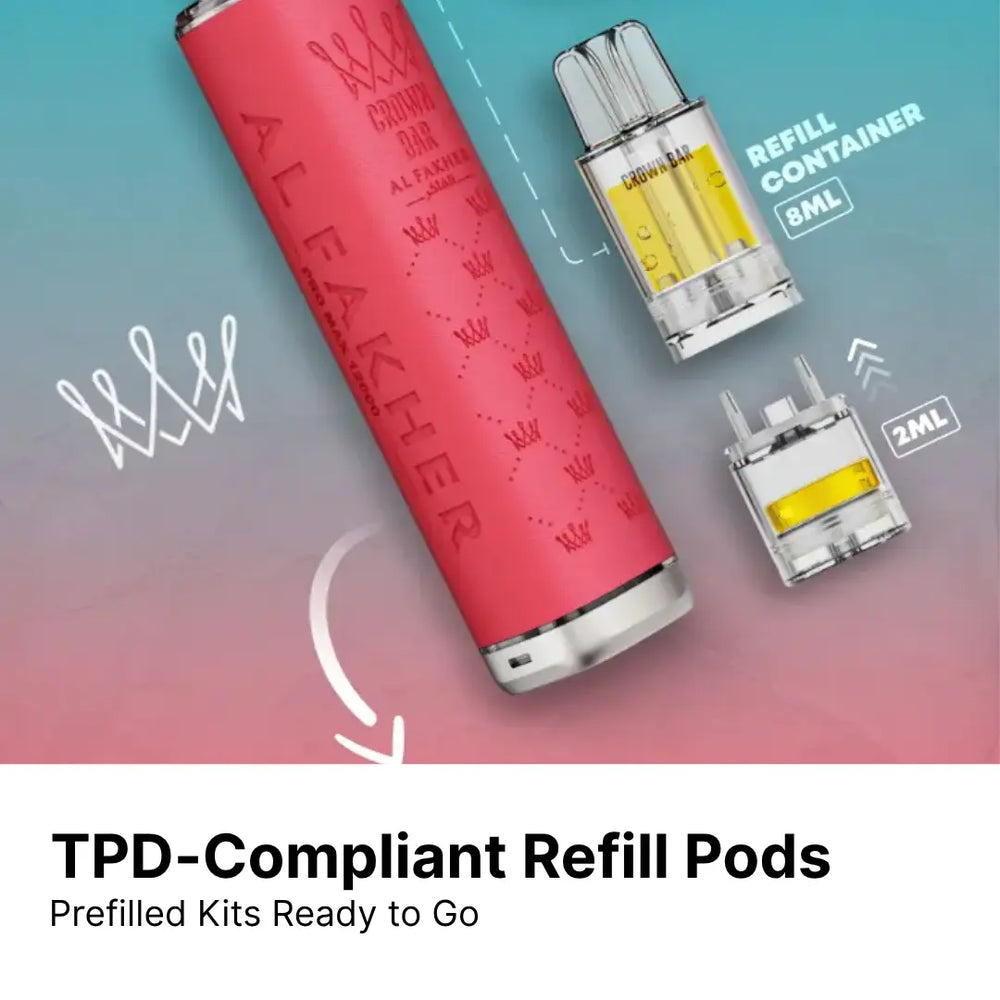 al fakher vape showing tpd compliant refill pods with a red faux leather device and crown bar refills beside it