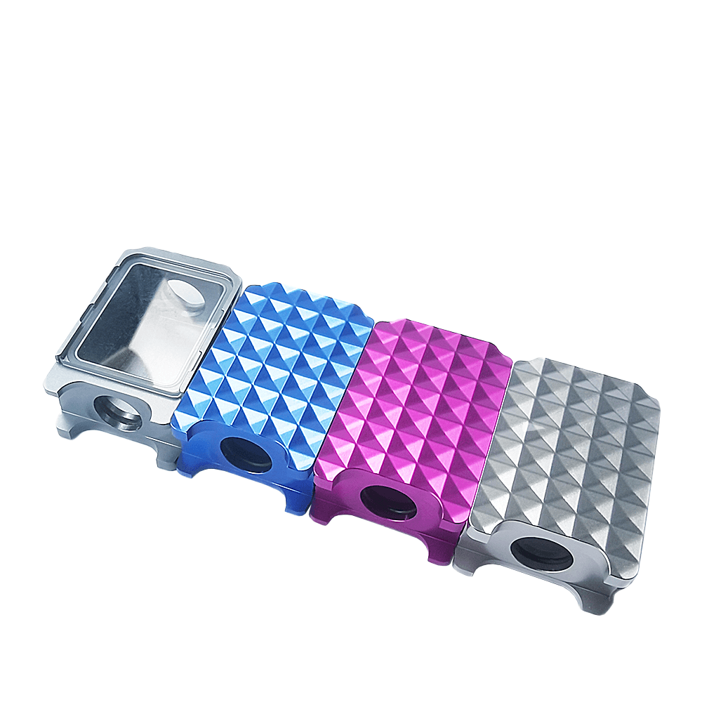 Ambition Mods 2.0 Aluminium Boro Tanks in silver, blue, and pink with a textured pattern.