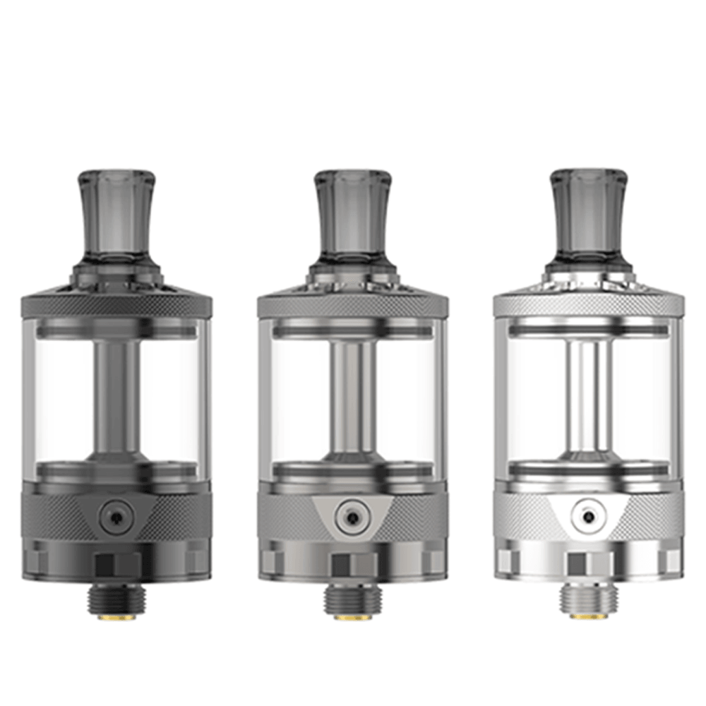 Three Ambition Mods Bishop MTL RTA vape tanks in silver, black, and gunmetal.