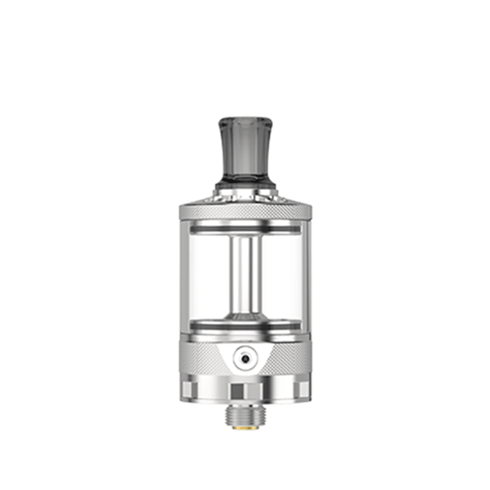 Ambition Mods Bishop MTL RTA silver vape tank with a clear glass chamber and black drip tip.