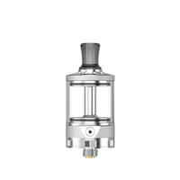 Ambition Mods Bishop MTL RTA silver vape tank with a clear glass chamber and black drip tip.