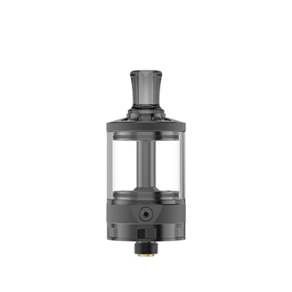 Ambition Mods Bishop MTL RTA vape tank, black, with transparent glass chamber.