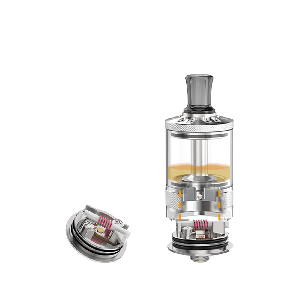 Ambition Mods Boro Tank MTL RTA with exposed coil and liquid, shown in two parts.