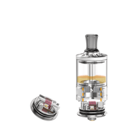 Ambition Mods Boro Tank MTL RTA with exposed coil and liquid, shown in two parts.