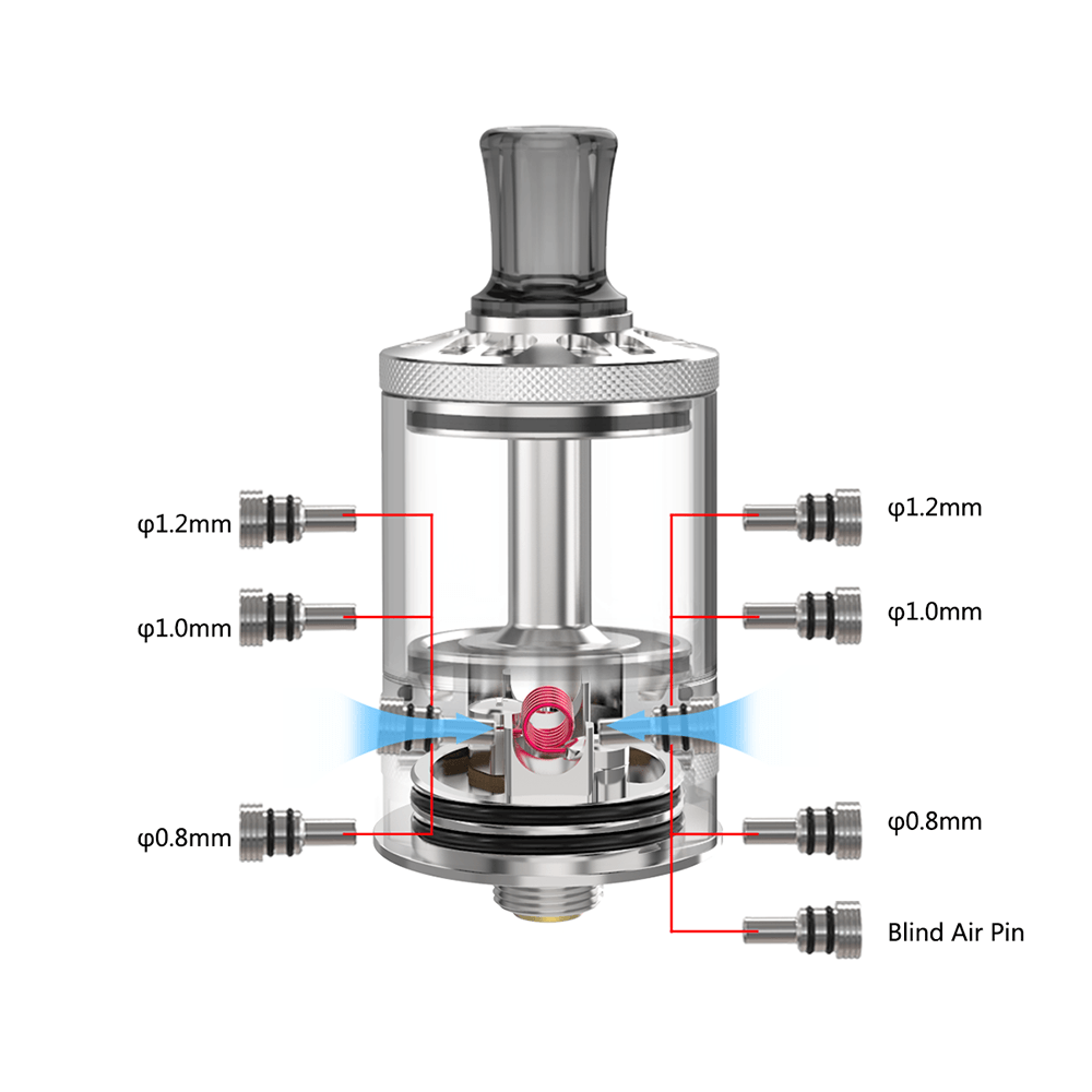 Ambition Mods Bishop MTL RTA with airflow pins and detailed component view.