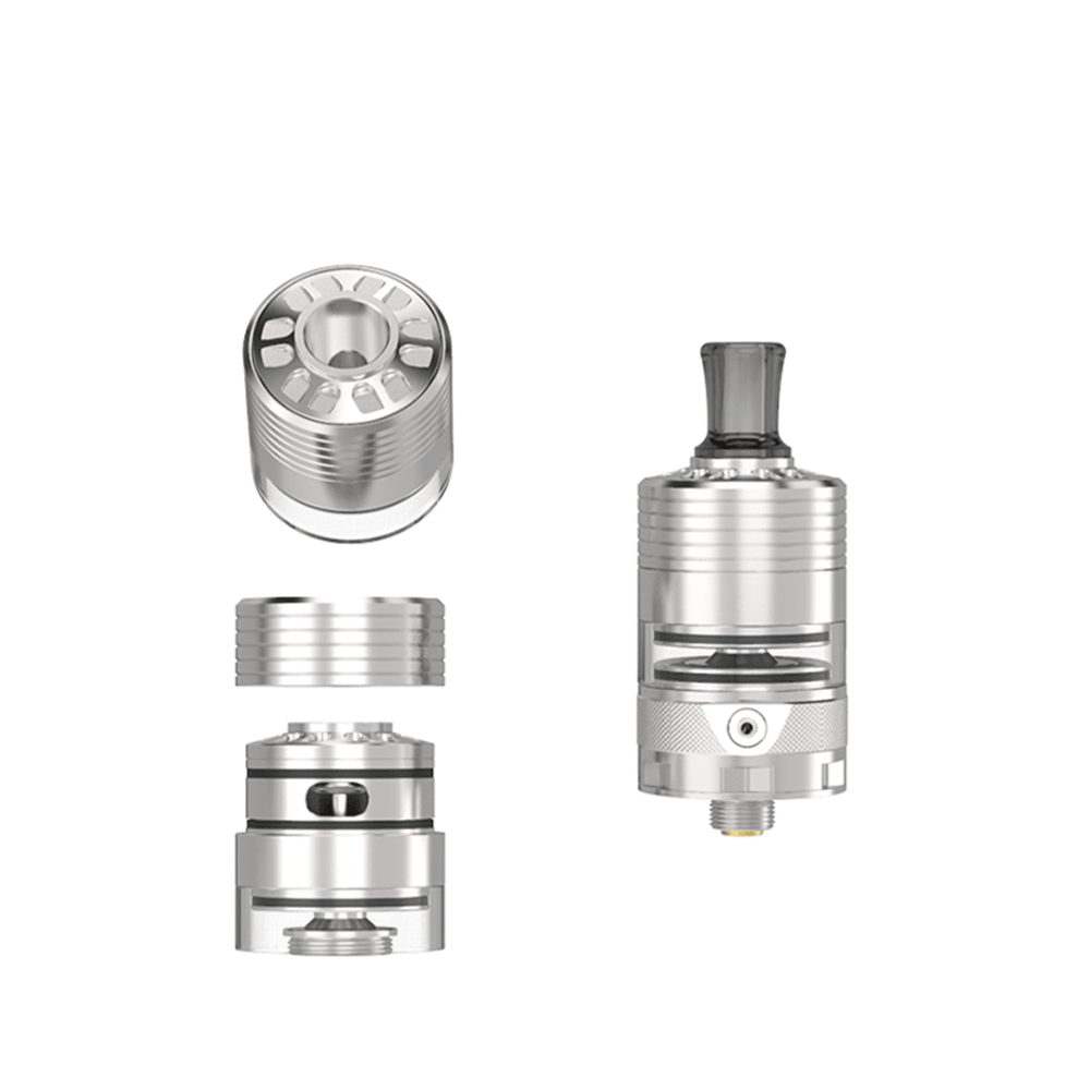 Ambition Mods BI2HOP MTL RTA top refill kit and accessories displayed against a white background.