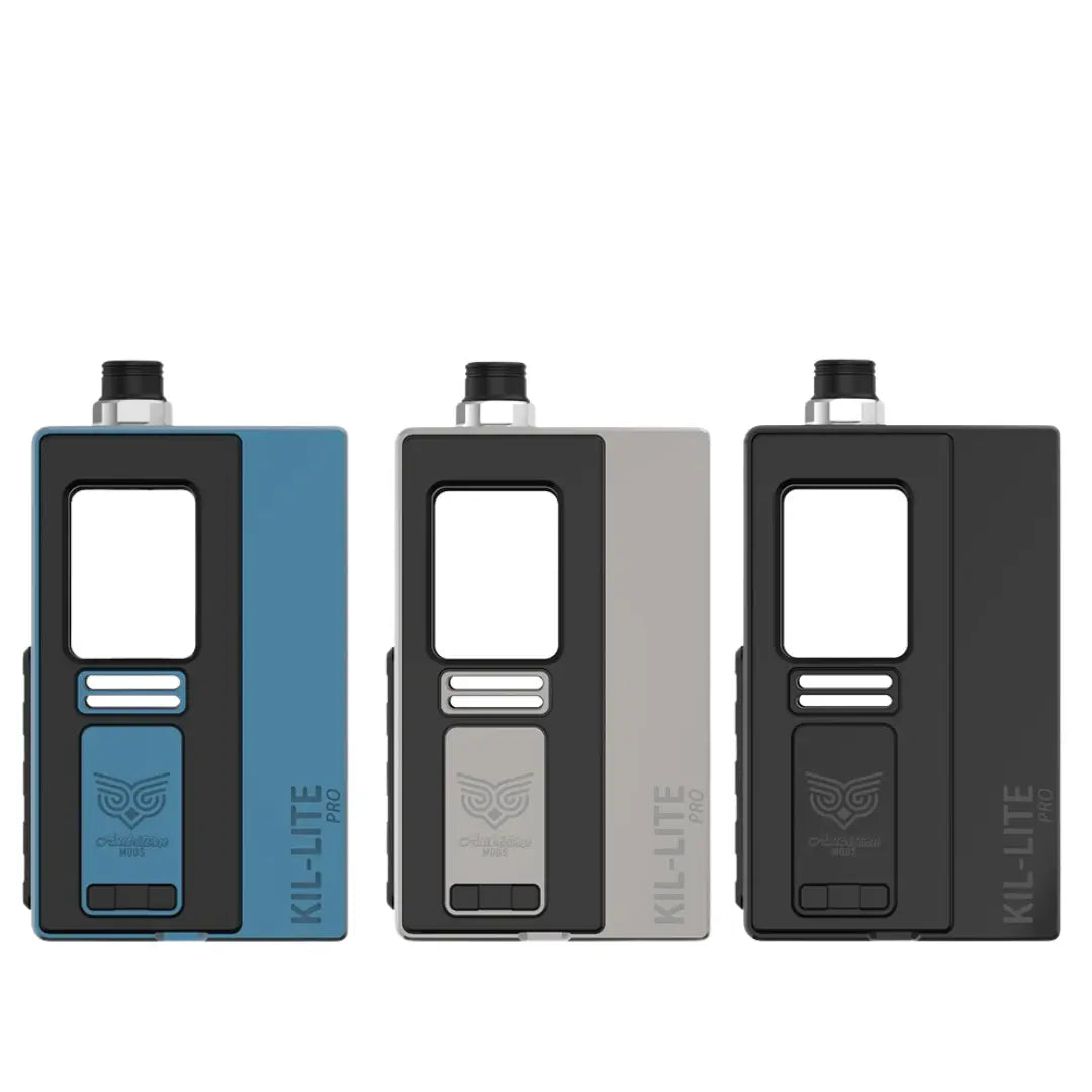 Ambition Mods KIL-LITE Pro 60W AIO Mod, showcasing three stylish colour options - blue black, Gunmetal Black, and full black, with a compact, minimalist design and ergonomic features for vaping enthusiasts.