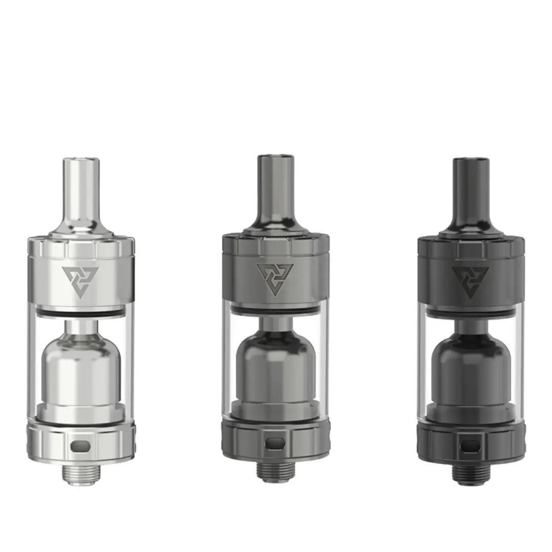 Three Ambition Mods Trinity MTL RTA tanks in silver, grey, and black, displayed vertically.