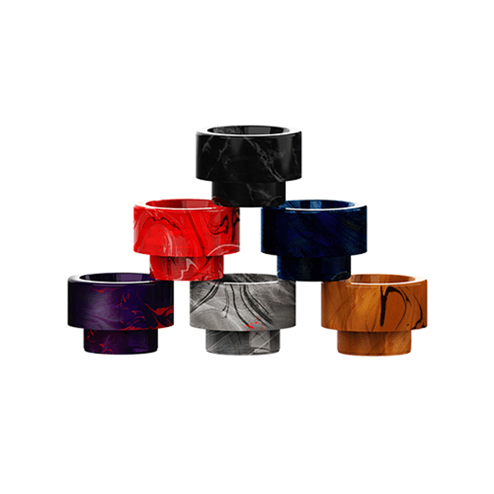 Colourful resin drip tips for vaping, displayed in a hexagonal arrangement.