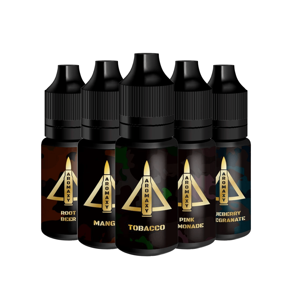 Aromaxy 10ml vape juice bottles in various flavours, including Mango and Tobacco.