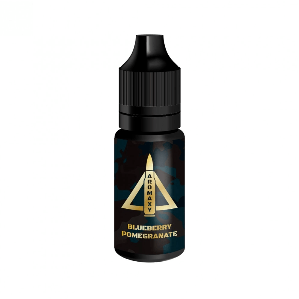 AromaXy Blueberry Pomegranate e-liquid bottle, 10ml, with a dark label and gold text.