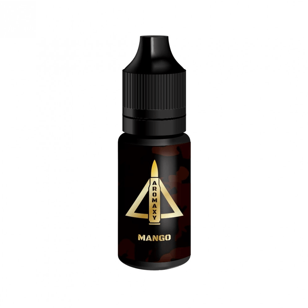 Aromaxy Mango 10ml vape juice bottle with black cap and gold label.