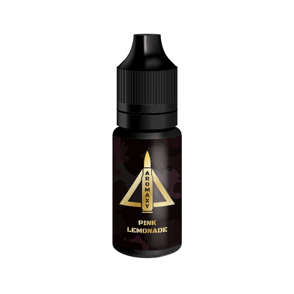 Aromaxy Pink Lemonade 10ml vape juice bottle with a black cap and label design.