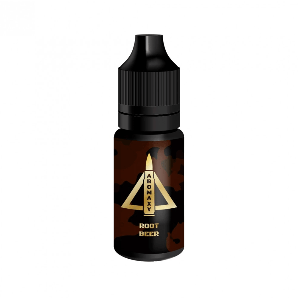 Aromaxy Root Beer 10ml vape juice bottle with black cap and gold label design.