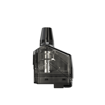 Transparent vape pod with a black mouthpiece, displayed on a white background.