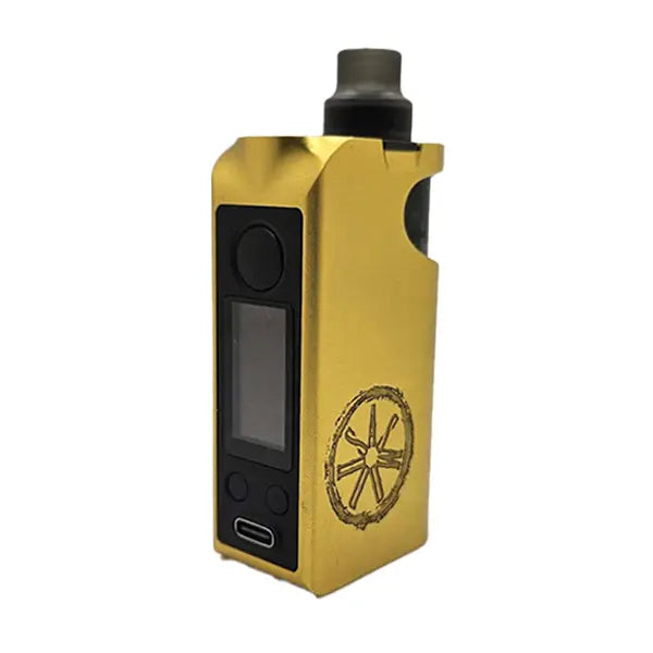 Asmodus Minikin Pod Kit in brushed gold with engraved logo and digital display.