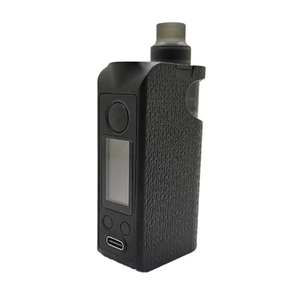 Asmodus Minikin Pod Kit in black with textured grip and display screen.