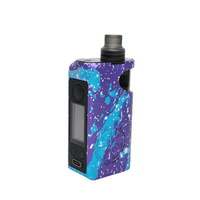 Asmodus Minikin Pod Kit in blue and purple with a black mouthpiece, displayed upright.