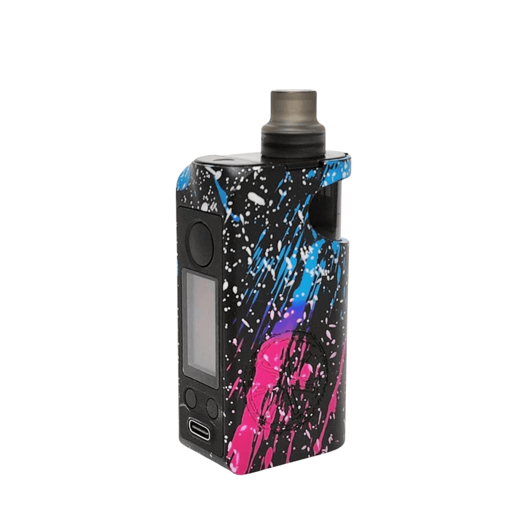 Colourful Asmodus Minikin Pod Kit with abstract splatter design, featuring a digital display.