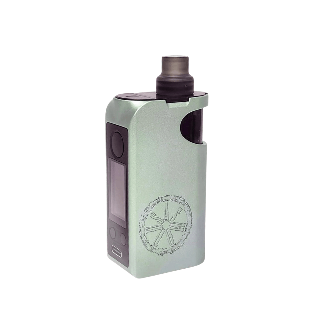 Asmodus Minikin Pod Kit in mint green with a digital display and round logo design.