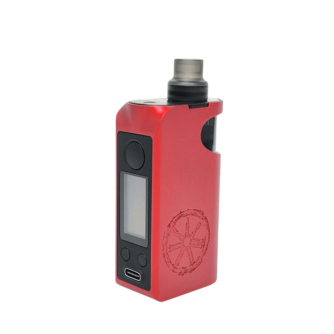 Red Asmodus Minikin Pod Kit with a display screen and USB port.