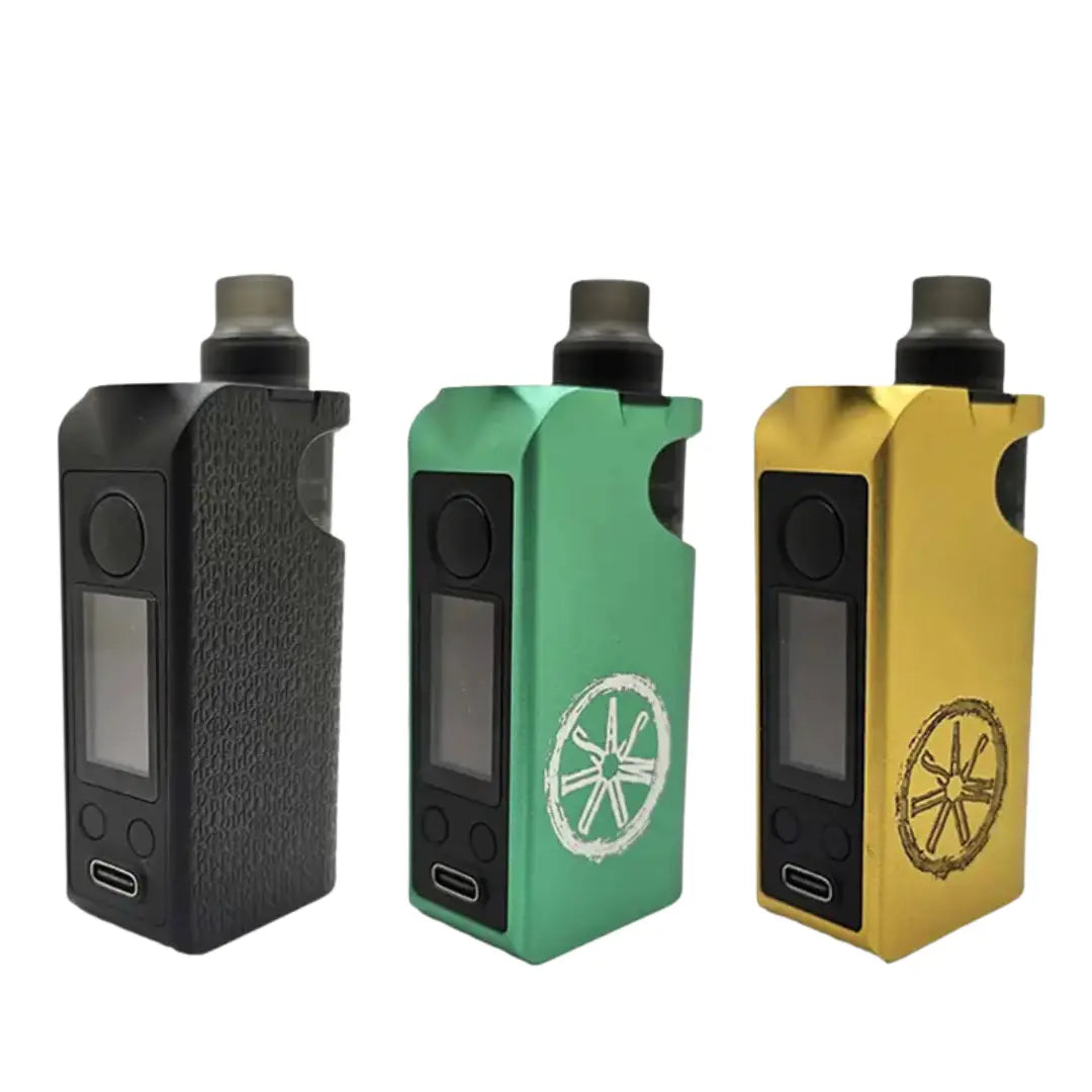 Three Asmodus Minikin pod vape kits in black, green, and gold with logo design.