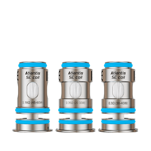 Three Aspire Atlantis SE replacement vape coils with blue accents.