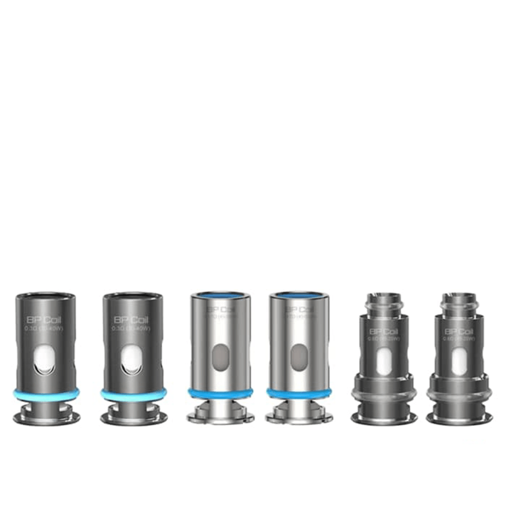 Aspire BP replacement coils, six silver and blue coils on a white background.