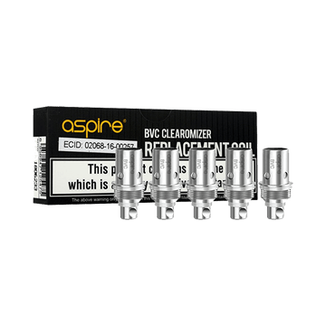 Aspire BVC replacement coils, five pieces in front of a black and white branded box.