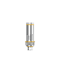 Aspire Cleito replacement coil, silver with yellow accents, isolated on white background.