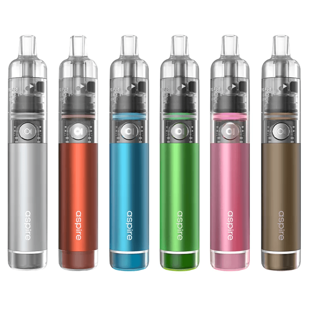 Aspire Cyber G Pod Kit in six colours: silver, red, green, blue, pink, and brown.