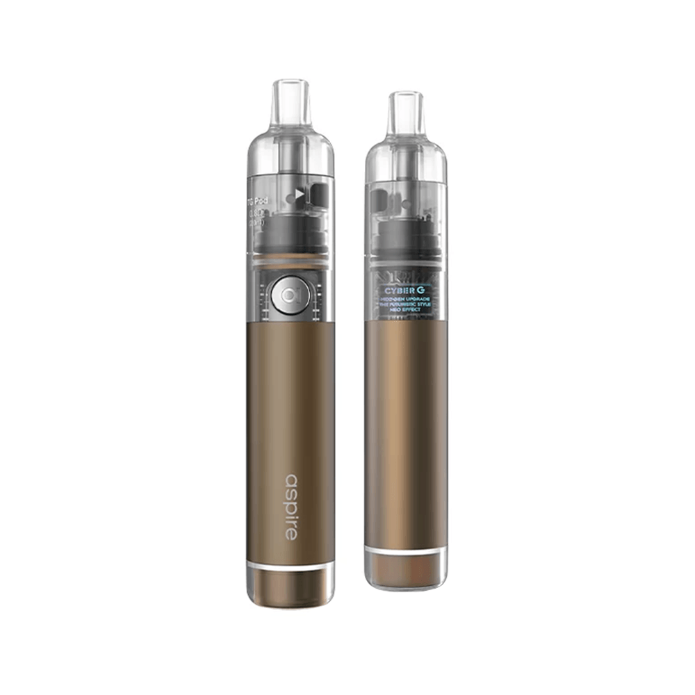 Aspire Cyber G Pod Kit in brown with transparent top, showcasing the vape's sleek design.