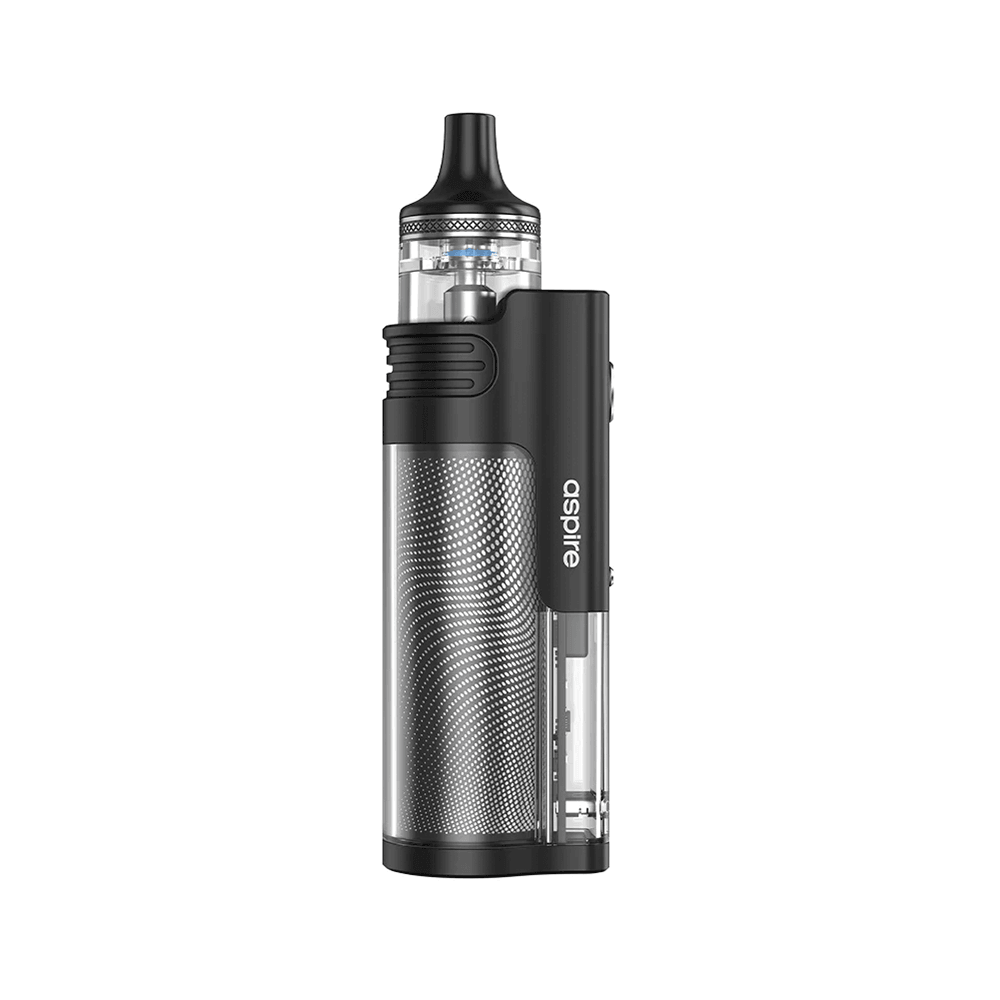 Aspire Flexus AIO vape kit in black with textured grip, displayed upright.