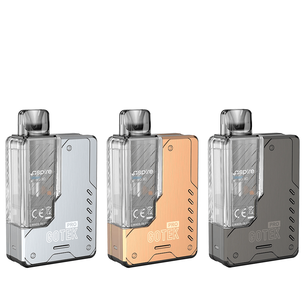 Aspire Gotek Pro Pod Kit in silver, gold, and black, displayed in a row.