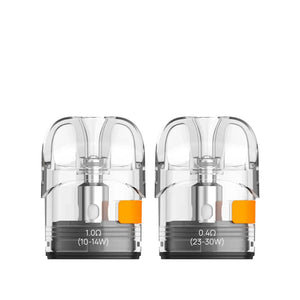 Two Aspire Pixo replacement pods, 1.0Ω and 0.4Ω, with clear casing and orange accents.