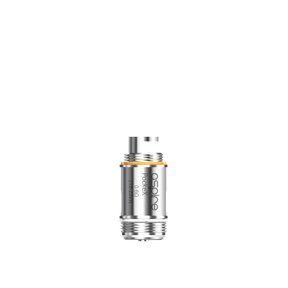 Aspire PockeX replacement coil, silver with branding, for vaping devices.