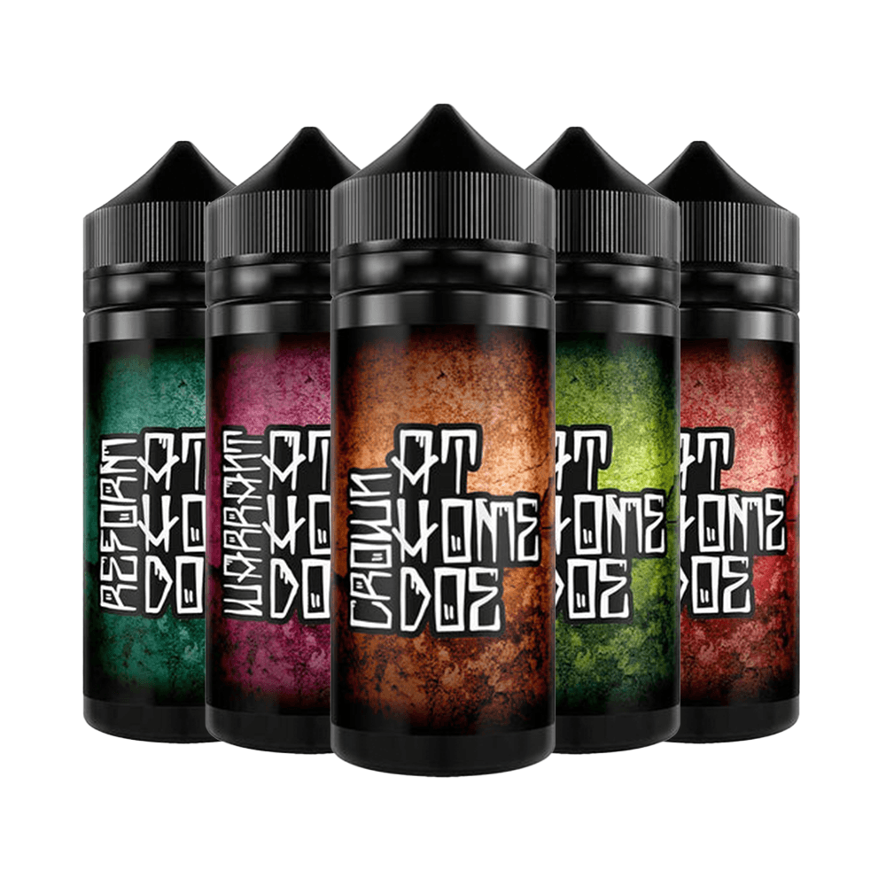 Five bottles of At Home Doe e-liquid with colourful labels in a row.