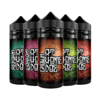 Five bottles of At Home Doe e-liquid with colourful labels in a row.