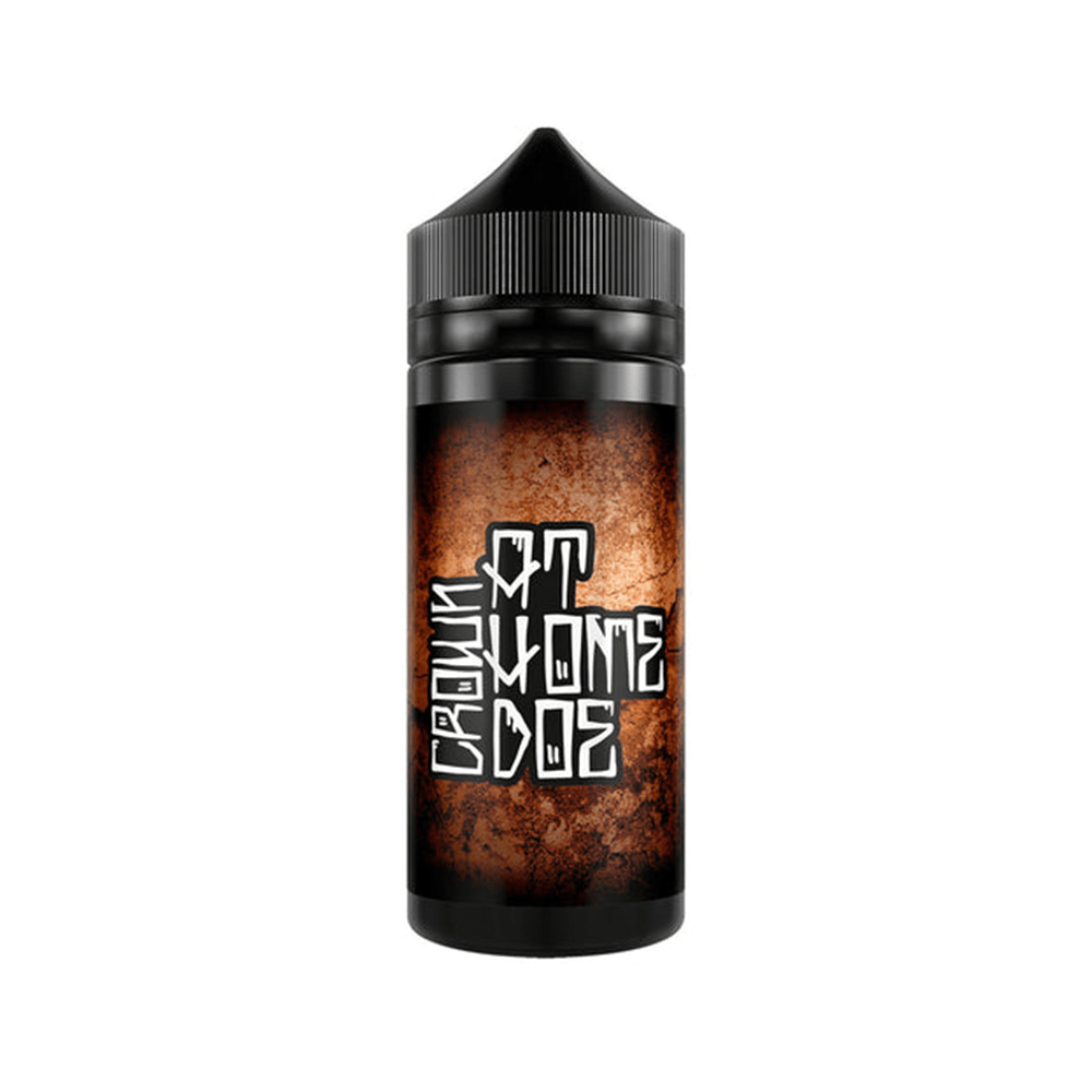 100ml vape juice bottle with "At Home Doe" label on a textured brown background.